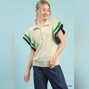 Umgee Textured Half Zip Top with Striped Flutter Sleeves